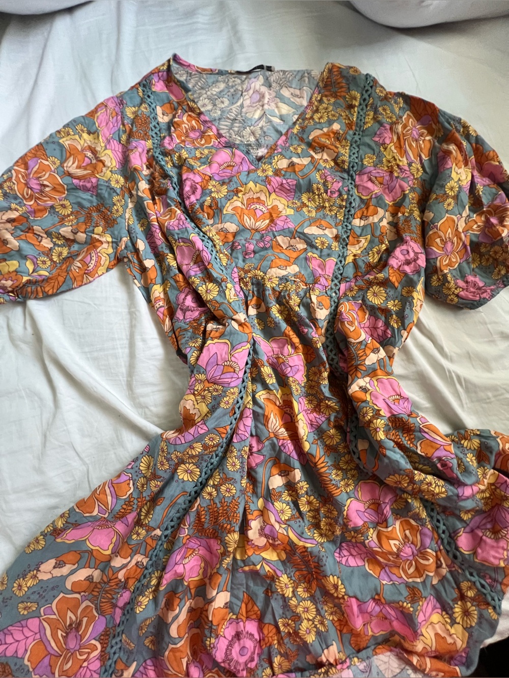 Rusty Dusty Floral  Bohemian Short dress in  Pink, Orange & Gray 2XL new